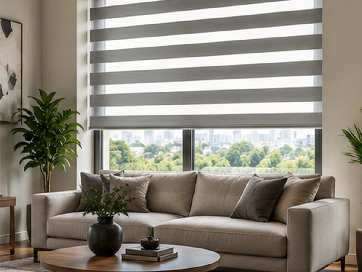 Zebra Blinds Grey Living Room